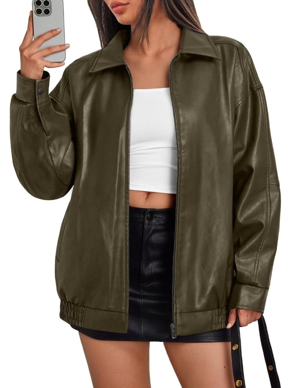 Womenโs Army Green Oversized Faux Leather Moto Biker Jacket Plus Size Motorcycle